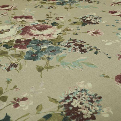 Bukoba Floral Printed Pattern On Linen Effect Material Purple Colour Furnishing Interior Upholstery Fabric - Roman Blinds