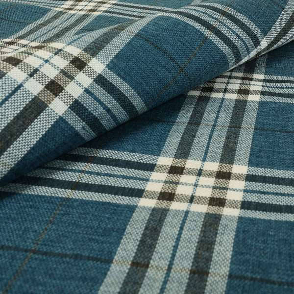 Barlow Tweed Textured Check Tartan Blue Furnishing Upholstery Fabric - Made To Measure Curtains