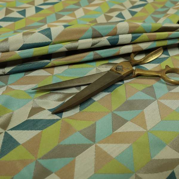 Cannes Art Deco Geometric Pattern Green Teal Blue Tones Coloured Upholstery Fabrics - Made To Measure Curtains