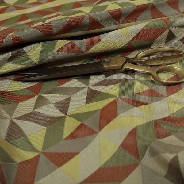 Cannes Art Deco Geometric Pattern Green Orange Brown Yellow Tones Coloured Upholstery Fabrics - Made To Measure Curtains