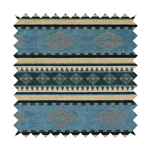 Jaipur Designer Kilim Aztec Pattern With Stripes In Blue Teal Silver Colour Furnishing Fabric CTR-01 - Roman Blinds
