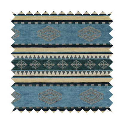 Jaipur Designer Kilim Aztec Pattern With Stripes In Blue Teal Silver Colour Furnishing Fabric CTR-01 - Roman Blinds