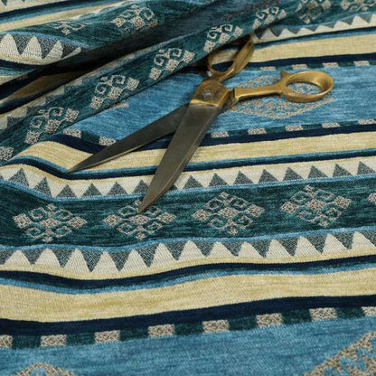 Jaipur Designer Kilim Aztec Pattern With Stripes In Blue Teal Silver Colour Furnishing Fabric CTR-01 - Roman Blinds