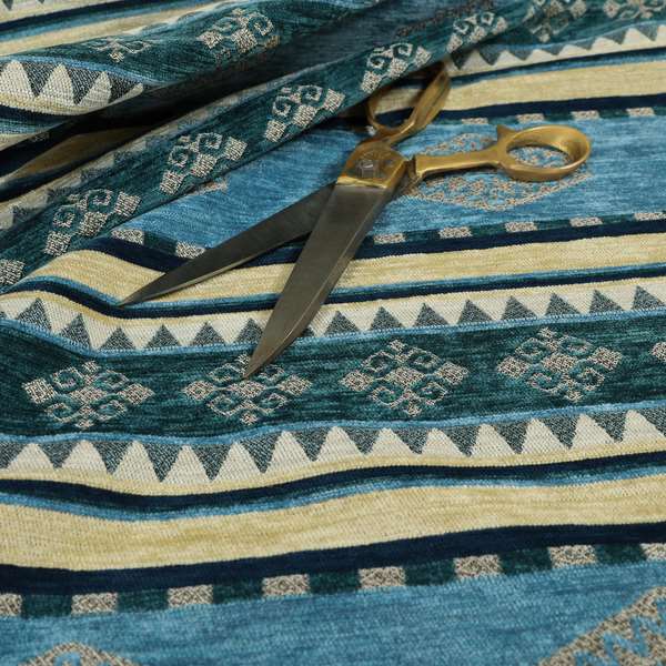 Jaipur Designer Kilim Aztec Pattern With Stripes In Blue Teal Silver Colour Furnishing Fabric CTR-01 - Handmade Cushions