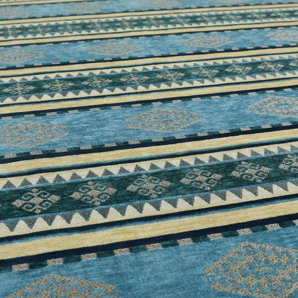 Jaipur Designer Kilim Aztec Pattern With Stripes In Blue Teal Silver Colour Furnishing Fabric CTR-01