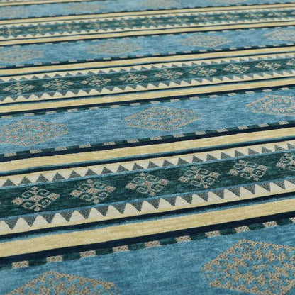 Jaipur Designer Kilim Aztec Pattern With Stripes In Blue Teal Silver Colour Furnishing Fabric CTR-01 - Made To Measure Curtains