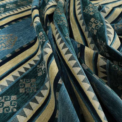 Jaipur Designer Kilim Aztec Pattern With Stripes In Blue Teal Silver Colour Furnishing Fabric CTR-01 - Roman Blinds