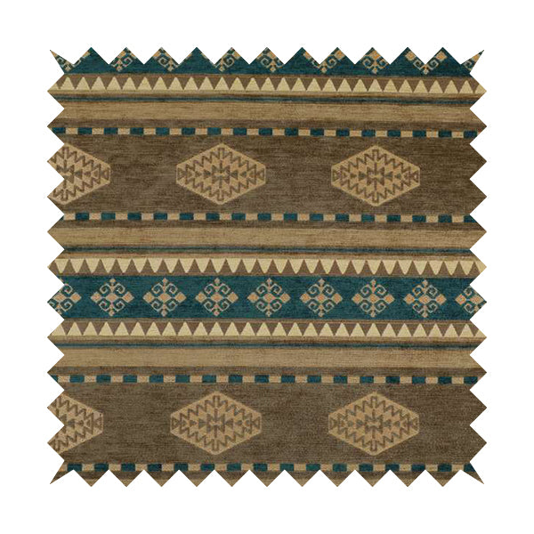 Jaipur Designer Kilim Aztec Pattern With Stripes In Brown Teal Gold Colour Furnishing Fabric CTR-03 - Roman Blinds