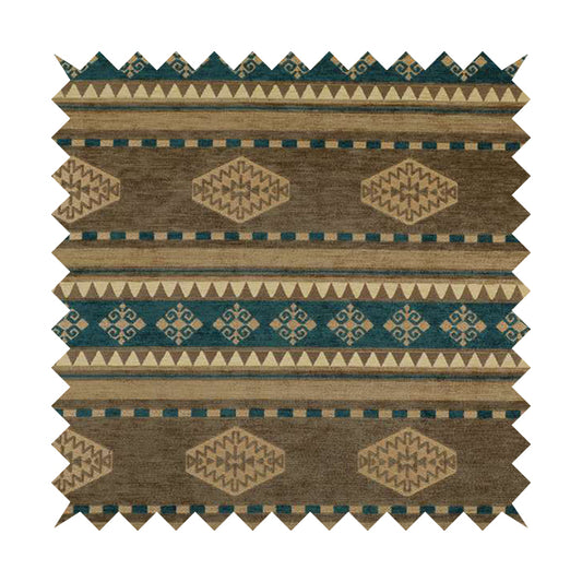 Jaipur Designer Kilim Aztec Pattern With Stripes In Brown Teal Gold Colour Furnishing Fabric CTR-03