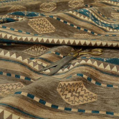 Jaipur Designer Kilim Aztec Pattern With Stripes In Brown Teal Gold Colour Furnishing Fabric CTR-03 - Roman Blinds