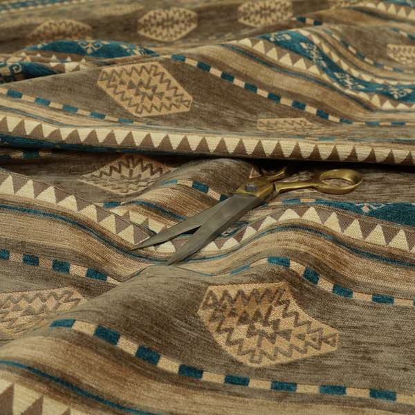 Jaipur Designer Kilim Aztec Pattern With Stripes In Brown Teal Gold Colour Furnishing Fabric CTR-03