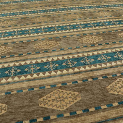 Jaipur Designer Kilim Aztec Pattern With Stripes In Brown Teal Gold Colour Furnishing Fabric CTR-03 - Roman Blinds