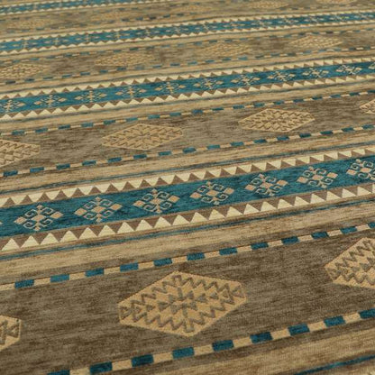 Jaipur Designer Kilim Aztec Pattern With Stripes In Brown Teal Gold Colour Furnishing Fabric CTR-03