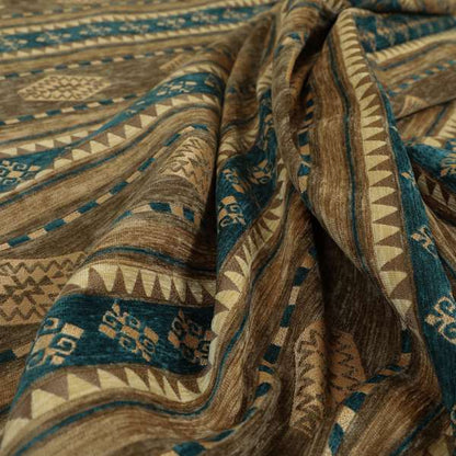 Jaipur Designer Kilim Aztec Pattern With Stripes In Brown Teal Gold Colour Furnishing Fabric CTR-03 - Roman Blinds