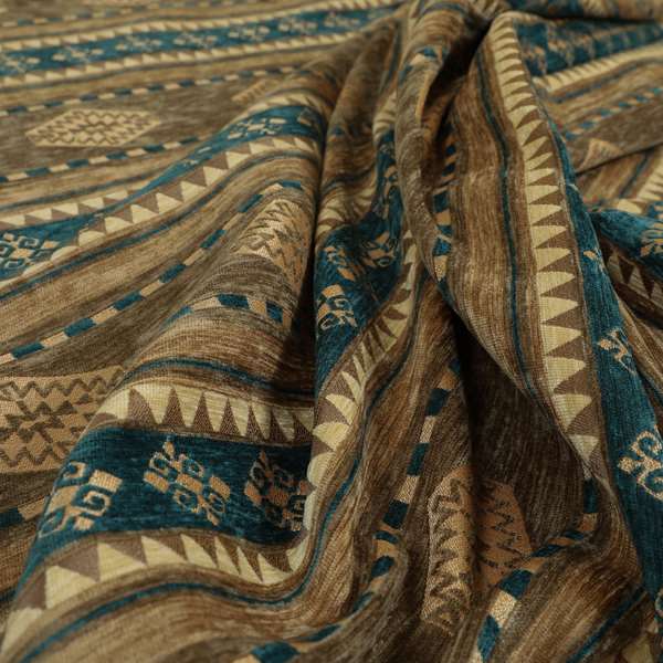 Jaipur Designer Kilim Aztec Pattern With Stripes In Brown Teal Gold Colour Furnishing Fabric CTR-03