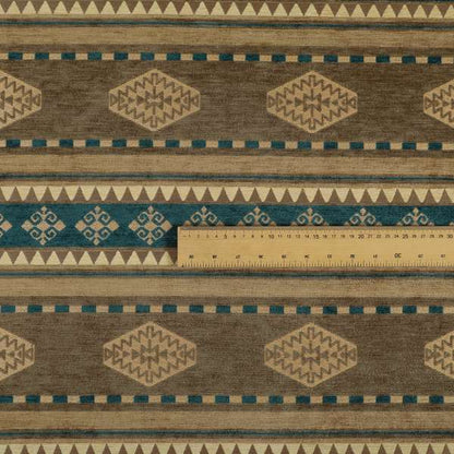 Jaipur Designer Kilim Aztec Pattern With Stripes In Brown Teal Gold Colour Furnishing Fabric CTR-03 - Roman Blinds