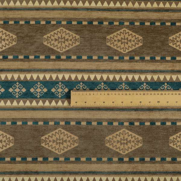 Jaipur Designer Kilim Aztec Pattern With Stripes In Brown Teal Gold Colour Furnishing Fabric CTR-03 - Handmade Cushions