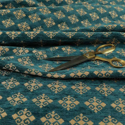 Jaipur Designer Diamond Pattern In Blue Gold Colour Furnishing Fabric CTR-04 - Roman Blinds