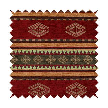 Jaipur Designer Kilim Aztec Pattern With Stripes In Red Gold Green Colour Furnishing Fabric CTR-05 - Made To Measure Curtains