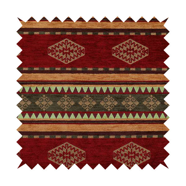 Jaipur Designer Kilim Aztec Pattern With Stripes In Red Gold Green Colour Furnishing Fabric CTR-05