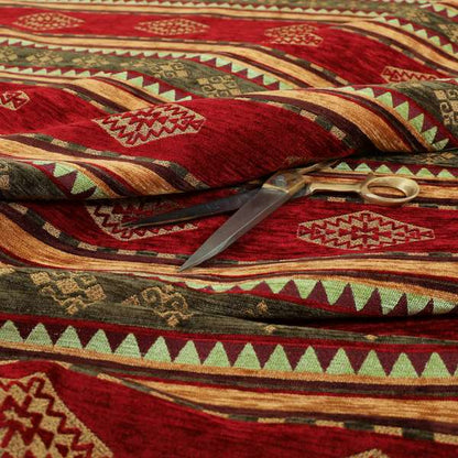 Jaipur Designer Kilim Aztec Pattern With Stripes In Red Gold Green Colour Furnishing Fabric CTR-05 - Made To Measure Curtains