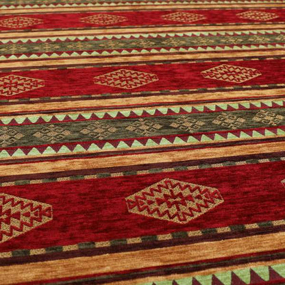 Jaipur Designer Kilim Aztec Pattern With Stripes In Red Gold Green Colour Furnishing Fabric CTR-05 - Made To Measure Curtains