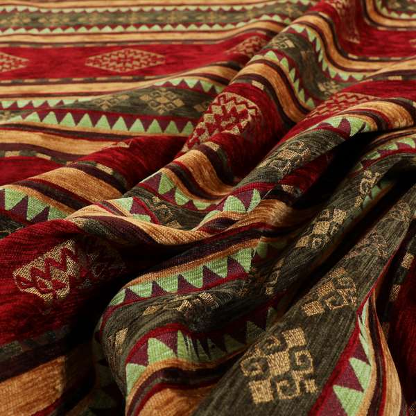 Jaipur Designer Kilim Aztec Pattern With Stripes In Red Gold Green Colour Furnishing Fabric CTR-05