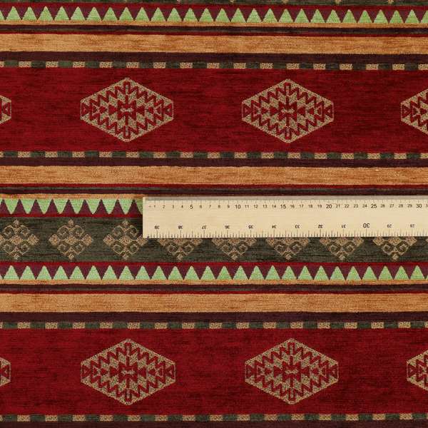 Jaipur Designer Kilim Aztec Pattern With Stripes In Red Gold Green Colour Furnishing Fabric CTR-05