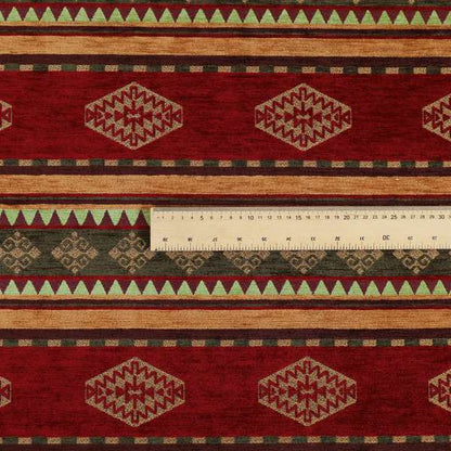 Jaipur Designer Kilim Aztec Pattern With Stripes In Red Gold Green Colour Furnishing Fabric CTR-05 - Made To Measure Curtains