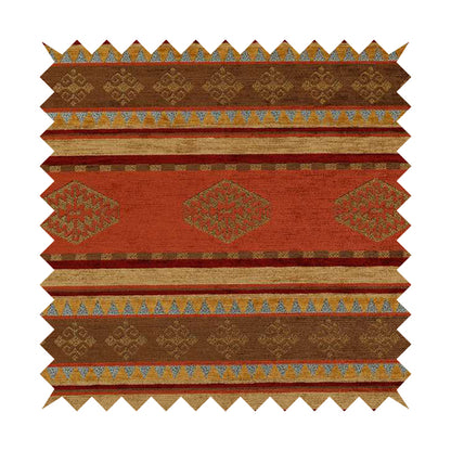Jaipur Designer Kilim Aztec Pattern With Stripes In Orange Red Gold Colour Furnishing Fabric CTR-07 - Roman Blinds