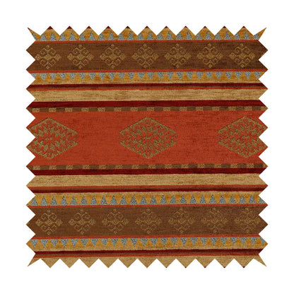 Jaipur Designer Kilim Aztec Pattern With Stripes In Orange Red Gold Colour Furnishing Fabric CTR-07