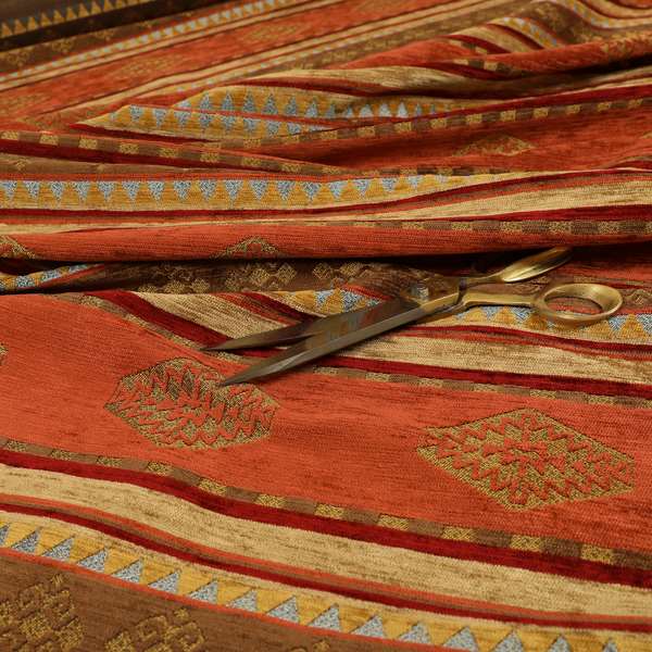 Jaipur Designer Kilim Aztec Pattern With Stripes In Orange Red Gold Colour Furnishing Fabric CTR-07 - Roman Blinds