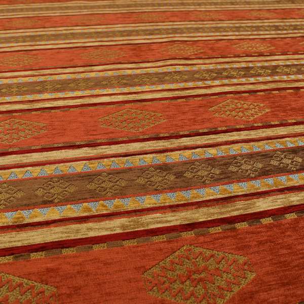 Jaipur Designer Kilim Aztec Pattern With Stripes In Orange Red Gold Colour Furnishing Fabric CTR-07