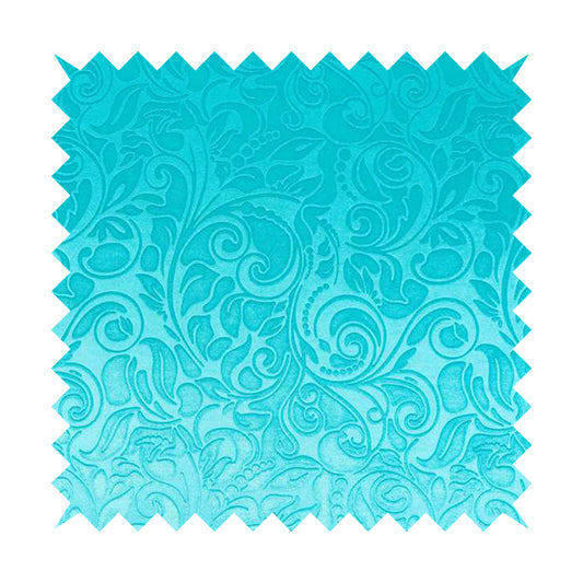Delight Shiny Floral Embossed Pattern Velvet Fabric In Teal Blue Colour Upholstery Fabric CTR-100