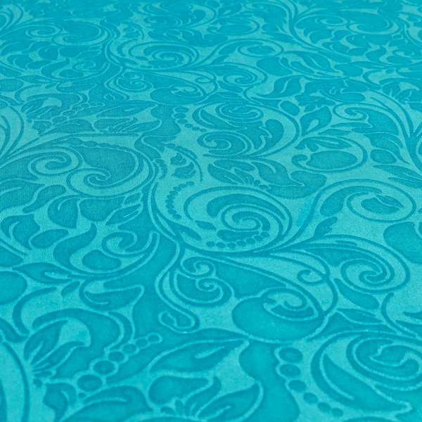 Delight Shiny Floral Embossed Pattern Velvet Fabric In Teal Blue Colour Upholstery Fabric CTR-100 - Handmade Cushions