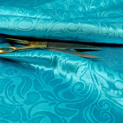 Delight Shiny Floral Embossed Pattern Velvet Fabric In Teal Blue Colour Upholstery Fabric CTR-100 - Roman Blinds