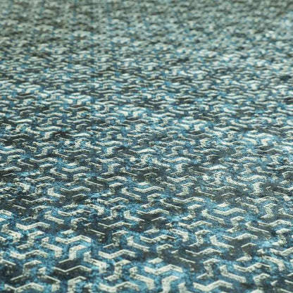 Glamour Geometric Collection Print Velvet Upholstery Fabric Navy Blue Grey Lock Pattern CTR-1003