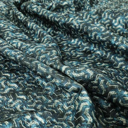 Glamour Geometric Collection Print Velvet Upholstery Fabric Navy Blue Grey Lock Pattern CTR-1003 - Made To Measure Curtains