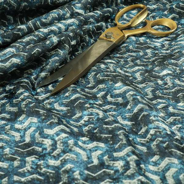 Glamour Geometric Collection Print Velvet Upholstery Fabric Navy Blue Grey Lock Pattern CTR-1003 - Roman Blinds