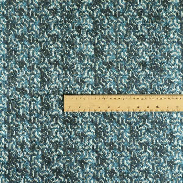 Glamour Geometric Collection Print Velvet Upholstery Fabric Navy Blue Grey Lock Pattern CTR-1003