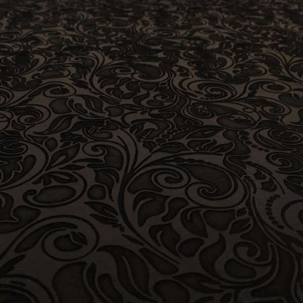 Delight Shiny Floral Embossed Pattern Velvet Fabric In Black Colour Upholstery Fabric CTR-101