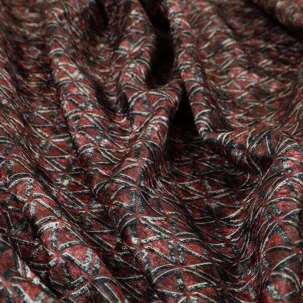 Glamour Geometric Collection Print Velvet Upholstery Fabric Burgundy Red Grey Small Modern Pattern CTR-1015 - Roman Blinds