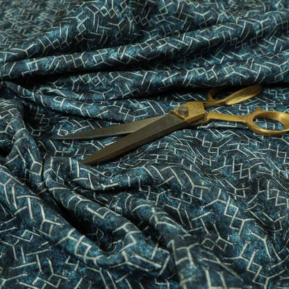 Glamour Geometric Collection Print Velvet Upholstery Fabric Navy Blue Small Geometric Pattern CTR-1016 - Roman Blinds