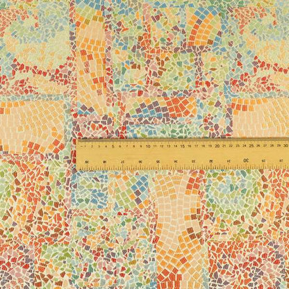 Pasha Stained Mosaic Pattern Multicolour Orange Yellow Chenille Upholstery Furnishing Fabric CTR-1061 - Handmade Cushions