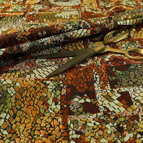 Pasha Stained Mosaic Pattern Multicolour Red Yellow Bronze Chenille Upholstery Furnishing Fabric CTR-1062 - Roman Blinds
