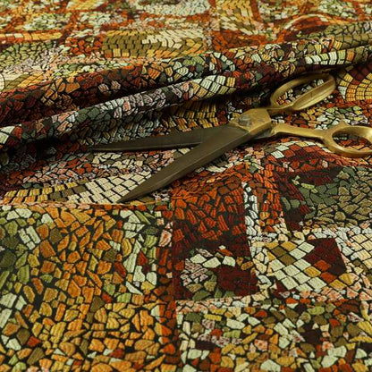 Pasha Stained Mosaic Pattern Multicolour Red Yellow Bronze Chenille Upholstery Furnishing Fabric CTR-1062 - Made To Measure Curtains