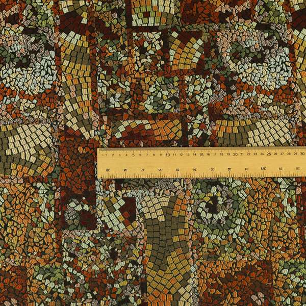 Pasha Stained Mosaic Pattern Multicolour Red Yellow Bronze Chenille Upholstery Furnishing Fabric CTR-1062 - Made To Measure Curtains