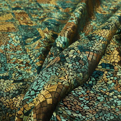 Pasha Stained Mosaic Pattern Multicolour Teal Blue Brown Chenille Upholstery Furnishing Fabric CTR-1063 - Made To Measure Curtains