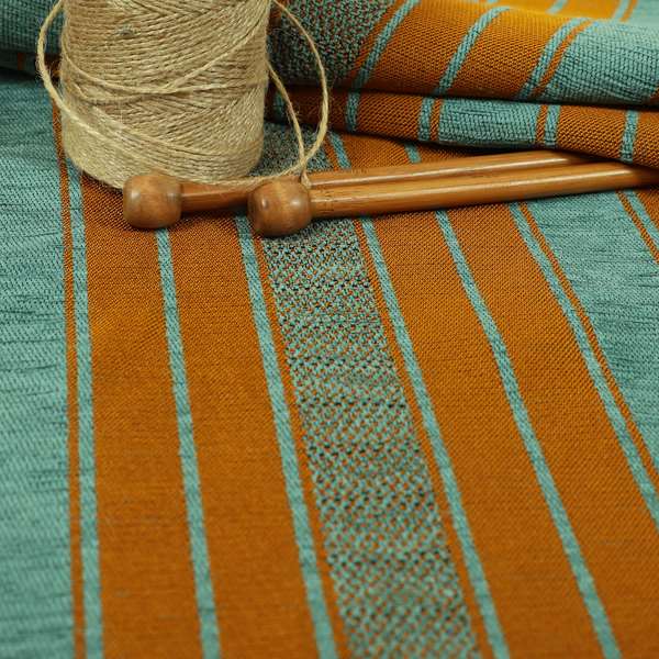 Bangalore Striped Pattern Chenille Material In Blue Teal Orange Colour Upholstery Fabric CTR-1114 - Made To Measure Curtains