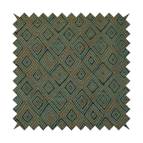 Manali Geometric Pattern Chenille Material In Blue Teal Orange Colour Upholstery Fabric CTR-1115 - Made To Measure Curtains